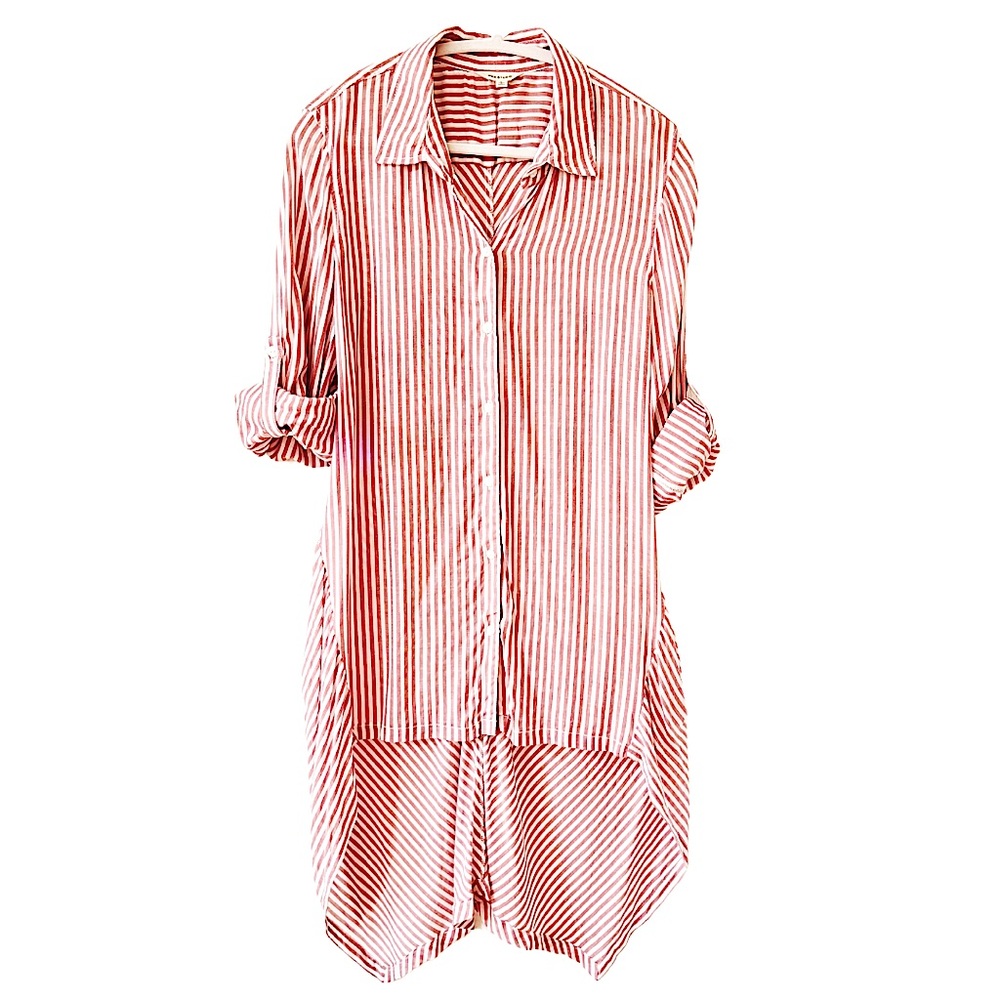 Max Studio Red & White Striped Button Front Hi-Lo Roll Tab Sleeves Size L Blouse